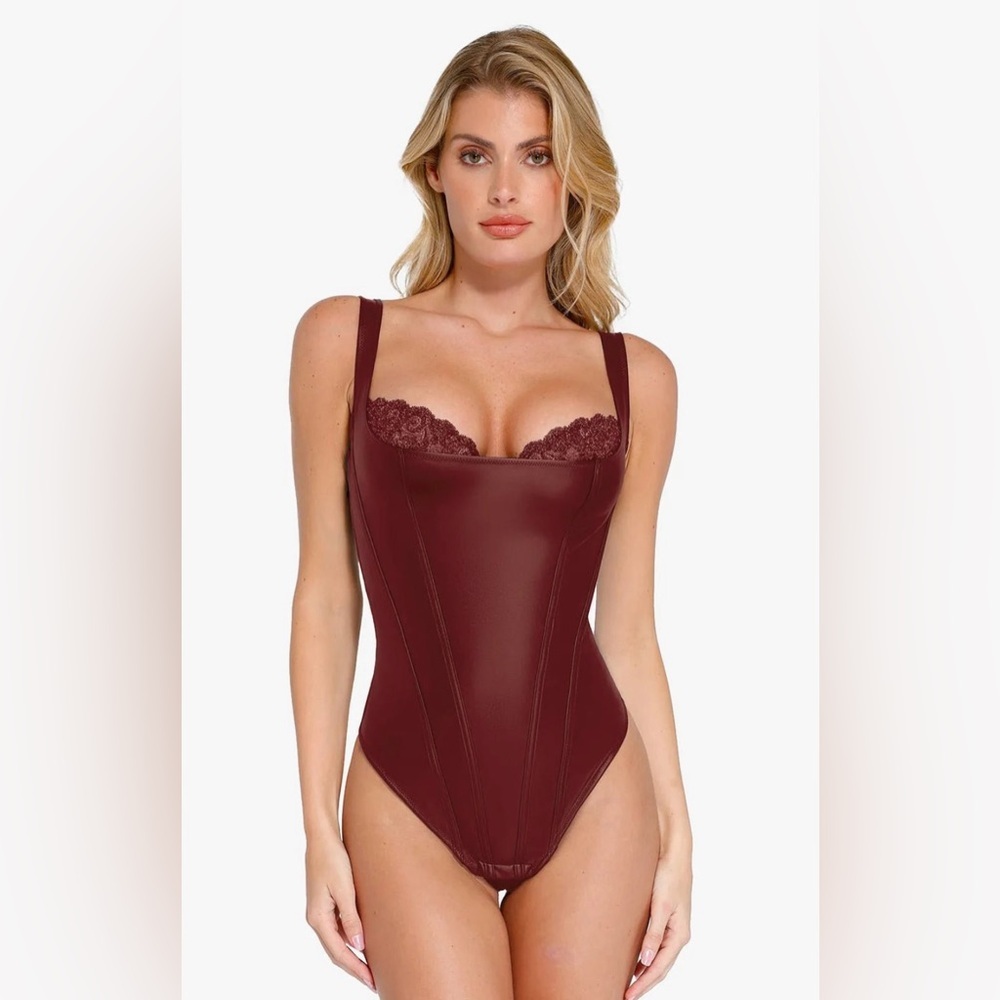 Shapewear Faux Leather Lace Balconette Sculpting Bodysuit - Small